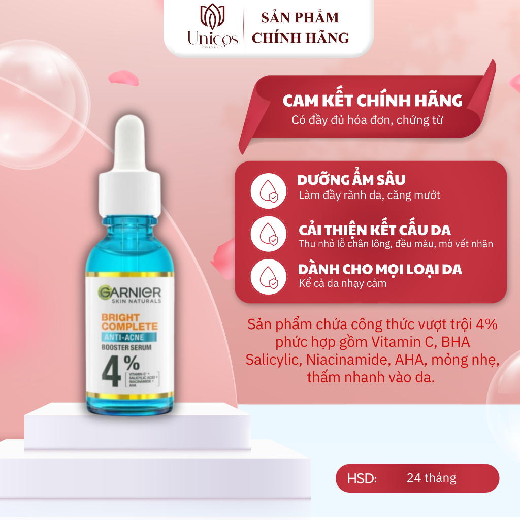 Serum Mờ Thâm Sáng Da Garnier Bright Complete Anti-Acness  4% - Tinh Chất Dưỡng Da Dầu Mụn - Serum Garnier Cấp Ẩm 30ml