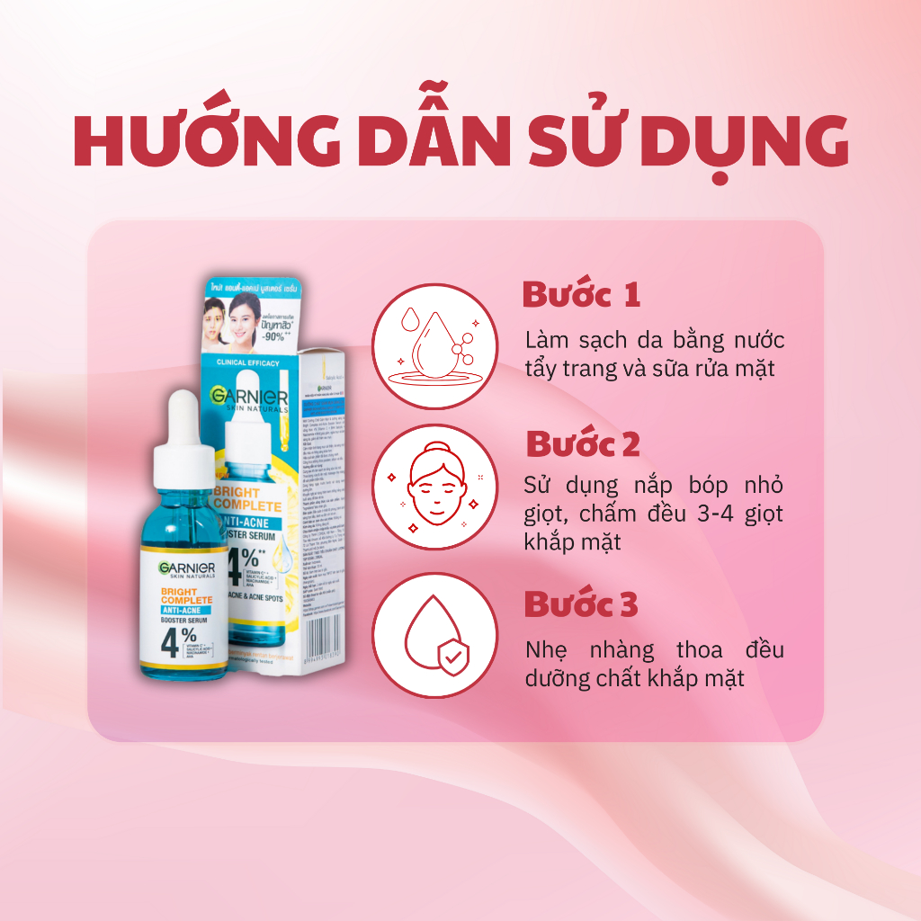 Serum Mờ Thâm Sáng Da Garnier Bright Complete Anti-Acness  4% - Tinh Chất Dưỡng Da Dầu Mụn - Serum Garnier Cấp Ẩm 30ml