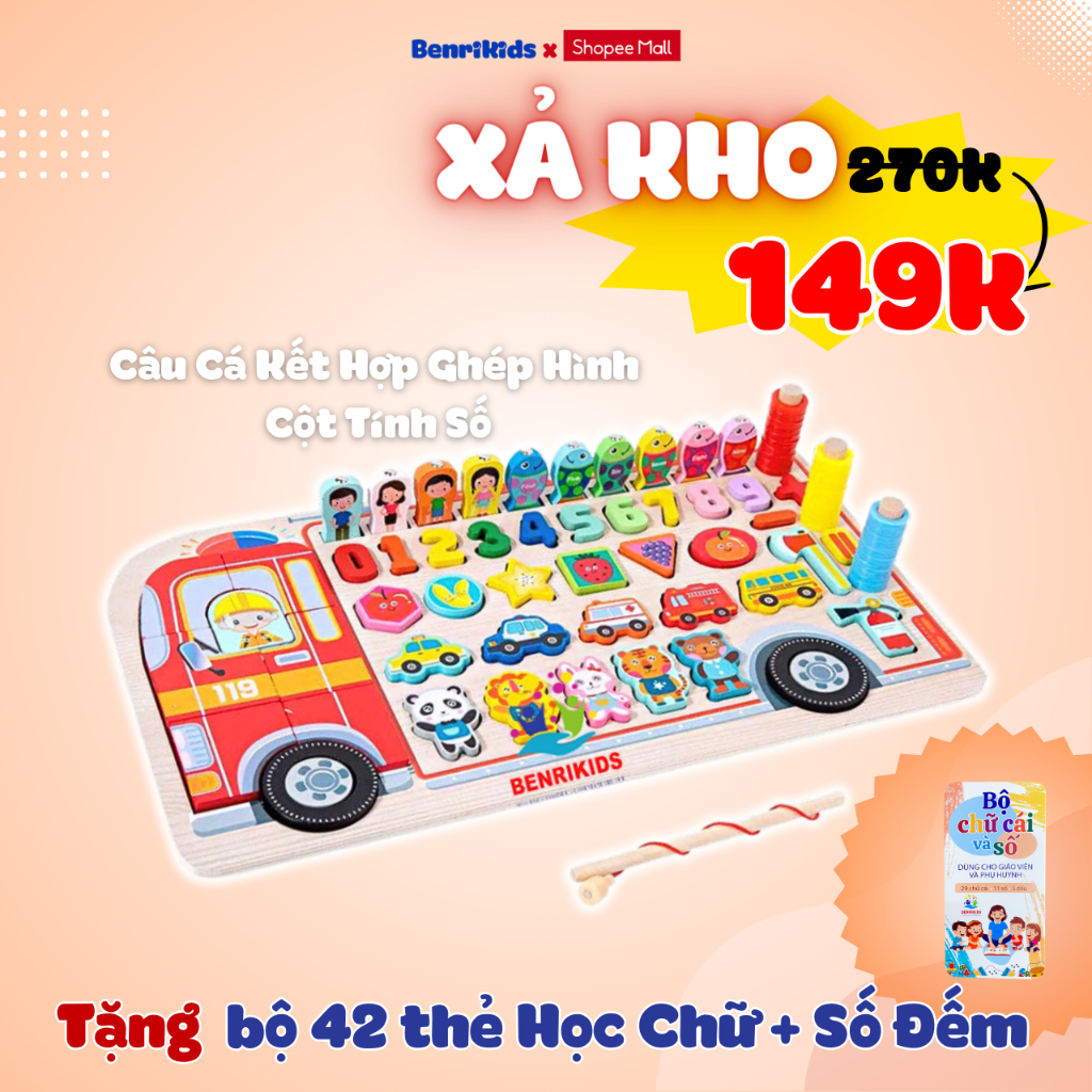 Đồ Chơi Gỗ Benrikids,Cột Tính Giúp Bé Học Đếm,Phép Tính Và Chữ Cái Tiếng Việt Kèm 5 Dấu Thanh