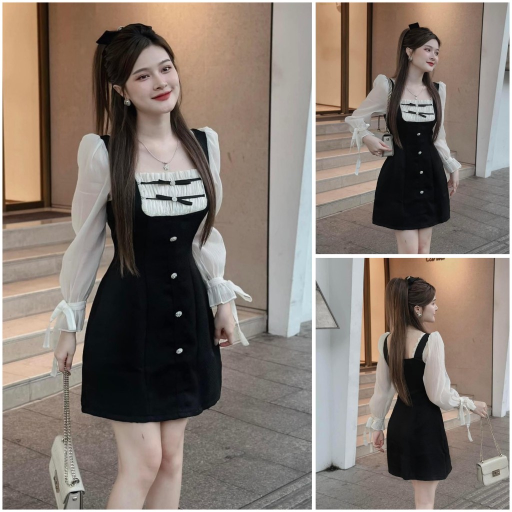 Đầm Dạ mềm Mại Phối Tơ Xốp Đính Khuy Phối Nơ Ngực Tay Dài Tone Màu Đen Nhẹ Nhàng Tiểu Thư Nữ Tính Diện Hẹn Hò, Dự Tiệc