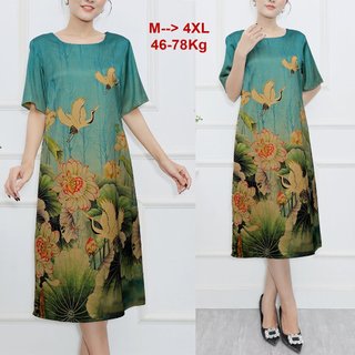 SHOPPRO - 45-78kg Đầm Suông Lụa Trung Niên Dự Tiệc Kiểu Đầm Suông Chữ A Dáng Dài In Sen Và Hạc Cao Cấp Quà Tặng Mẹ 3383