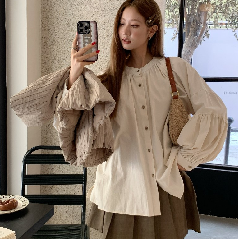 Áo sơ mi nữ form rộng vintage phối gile trần bông ấm áp, sơ mi nữ chất thô phối áo ghile kiểu Hàn Quốc 4150