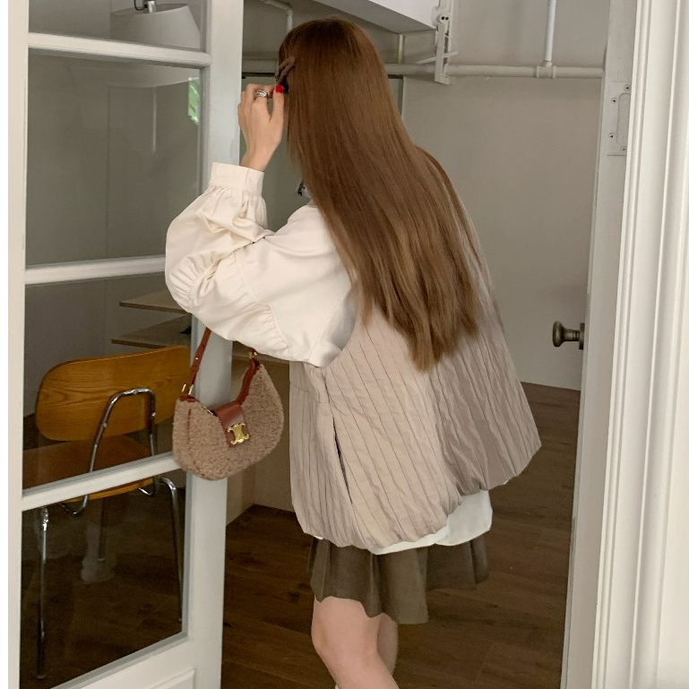 Áo sơ mi nữ form rộng vintage phối gile trần bông ấm áp, sơ mi nữ chất thô phối áo ghile kiểu Hàn Quốc 4150