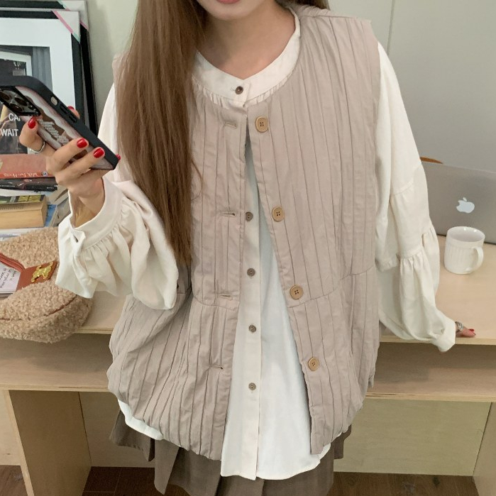 Áo sơ mi nữ form rộng vintage phối gile trần bông ấm áp, sơ mi nữ chất thô phối áo ghile kiểu Hàn Quốc 4150