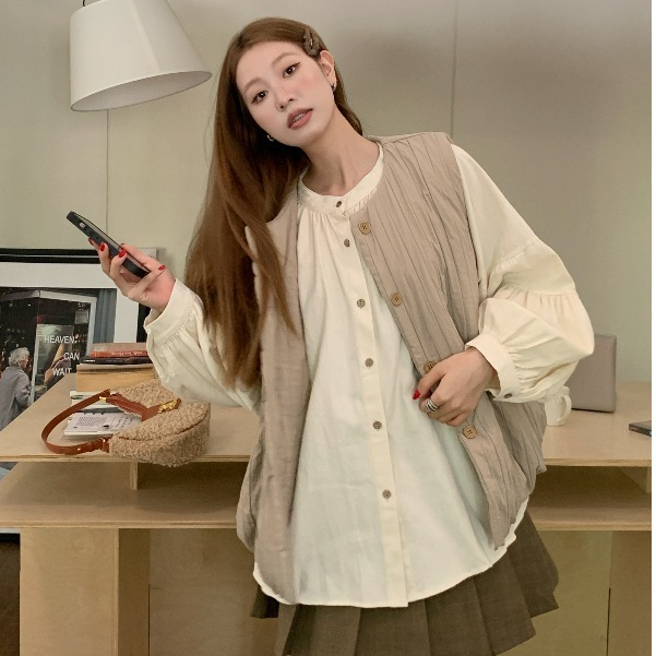 Áo sơ mi nữ form rộng vintage phối gile trần bông ấm áp, sơ mi nữ chất thô phối áo ghile kiểu Hàn Quốc 4150