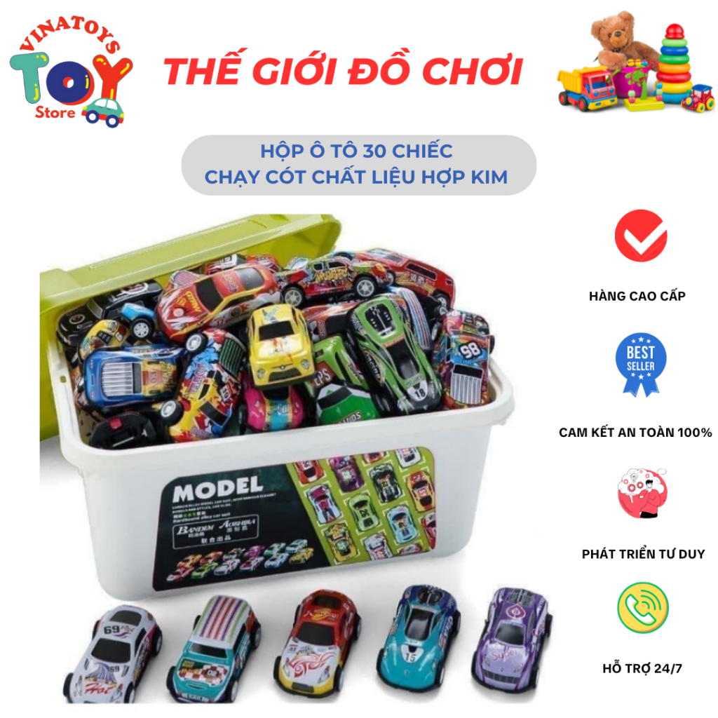 Đồ Chơi Hộp 30 Chiếc Siêu Xe Ô Tô Cho Bé VINATOYS, Chất Liệu Hợp Kim Chạy Cót Kèm Hộp (Đủ Kiểu Dáng Xe Và Màu Sắc)
