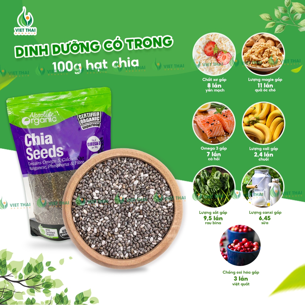 Hạt Chia Úc Absolute Organic Giảm Cân Ăn Sáng Ăn Kiêng Dinh Dưỡng Sạch Đẹp Đủ Ký Date Mới Gói 1Kg