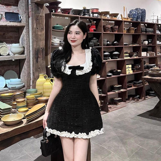 ( Hàng L1 + Ảnh Thật ) Đầm Váy Dạ Tweed Cổ Vuông Phối Bèo Trắng Đính Nơ Tay Ngắn Bồng Tiểu Thư Sang Chảnh
