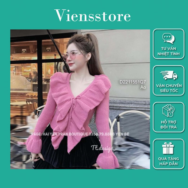 Áo len cổ tim viền bèo, áo croptop tay dài loe sang trọng VIENS STORE