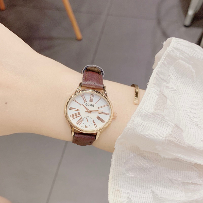 Đồng Hồ Nữ Gossie Nâu Bản Nhỏ Xinh Dây Da Mềm Mại