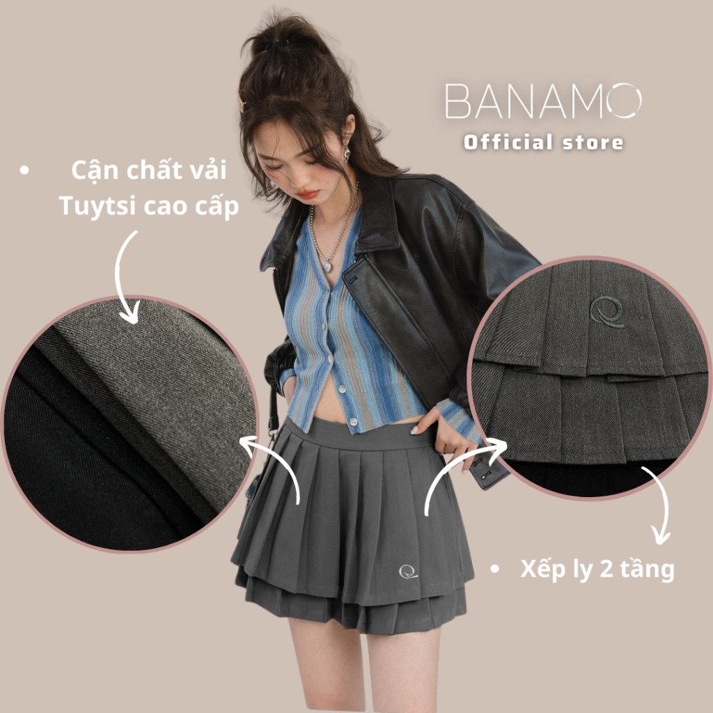 Chân váy nữ BIGSIZE Banamo Fashion chân váy xòe tennis xếp ly 2 tầng thêu chữ Q 5910