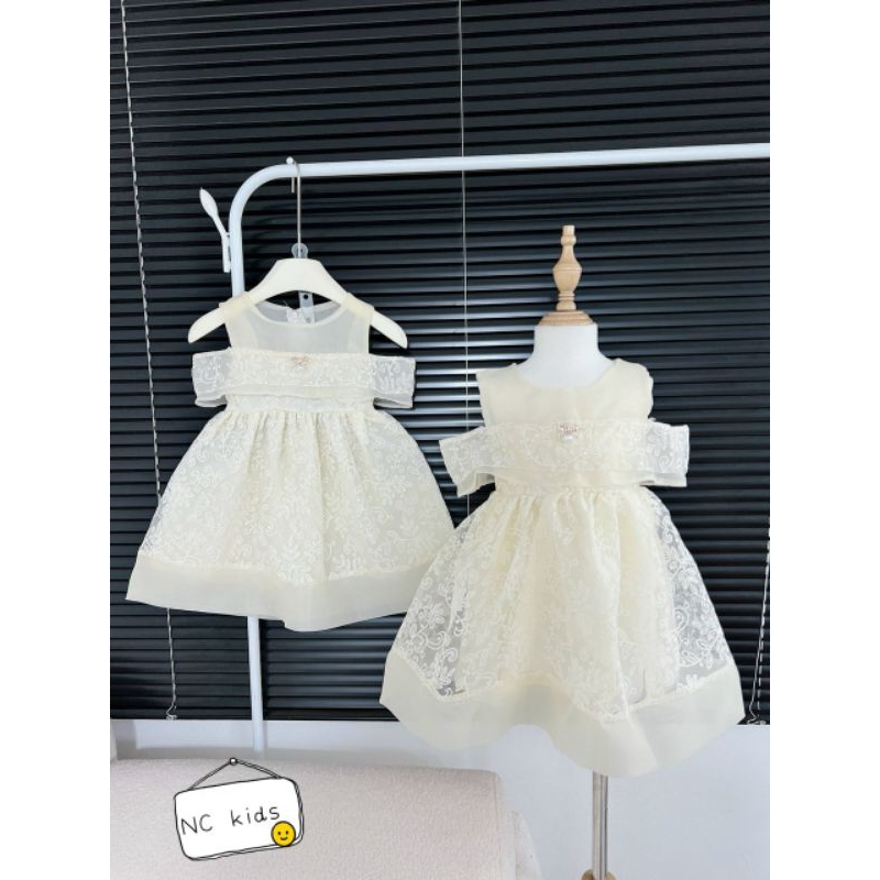 Đầm ren công chúa trắng kem trễ vai đáng yêu cho bé gái từ 8-24kg