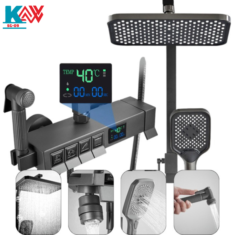 Bộ vòi hoa sen 4 nút bấm Hiển thị nhiệt độ qua màn hình LED thế hệ mới, Hàng chính hãng, BH 12 Tháng