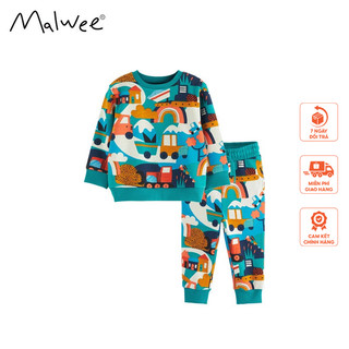 Bộ nỉ da cá Malwee xanh họa tiết ô tô thời trang trẻ em từ 2-7 tuổi MW9137