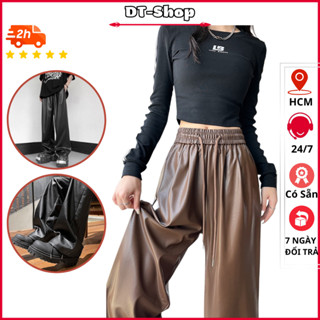 Quần da nam nữ dài ống suông, quần da pu ống rộng, túi 2 bên kèm đai siêu hack dáng thời trang mẫu mới tốt - dt_shop