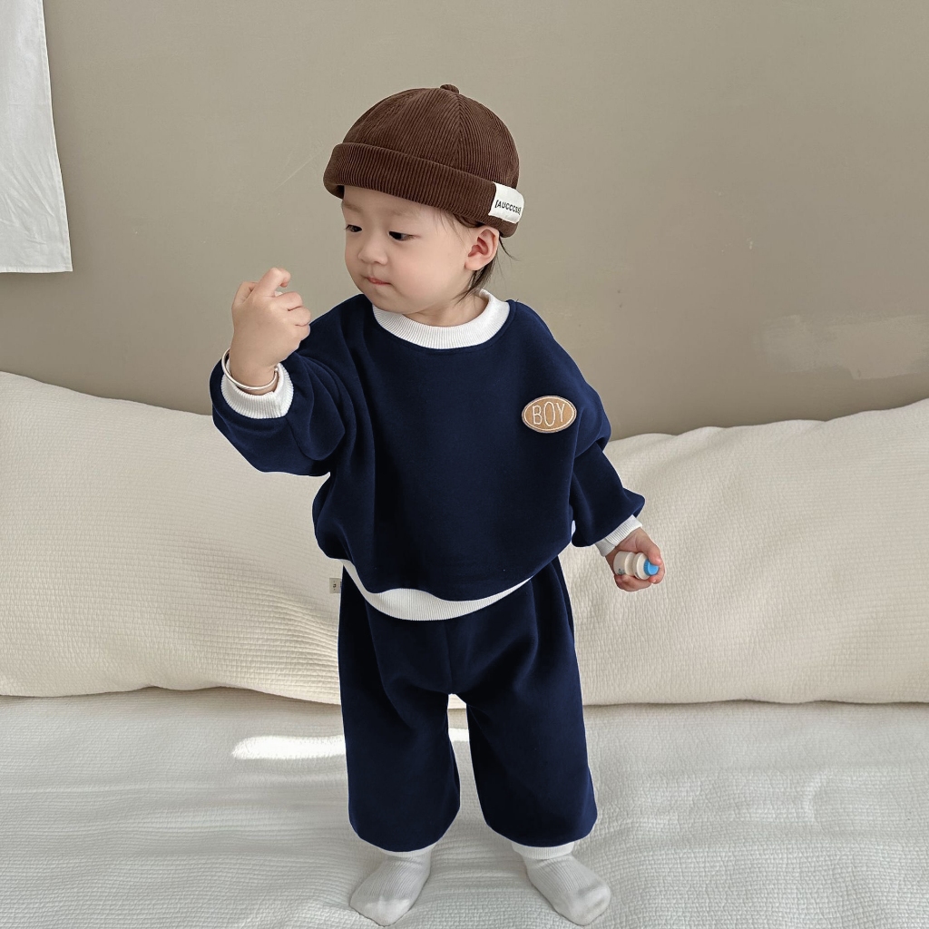 TE492 -Bộ áo+quần chất nỉ ép dày dặn cho bé trai bé gái hình chữ BOY thêu chắc chắn size 8-16kg