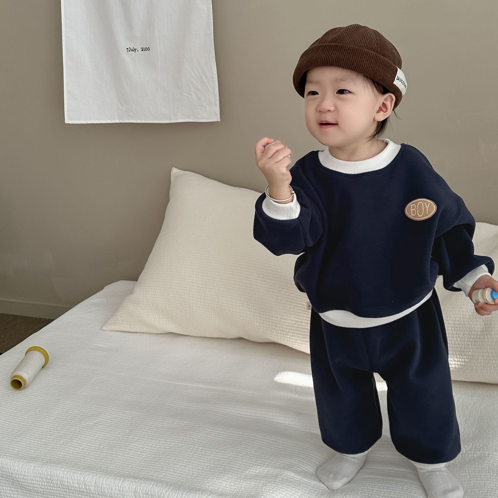 TE492 -Bộ áo+quần chất nỉ ép dày dặn cho bé trai bé gái hình chữ BOY thêu chắc chắn size 8-16kg