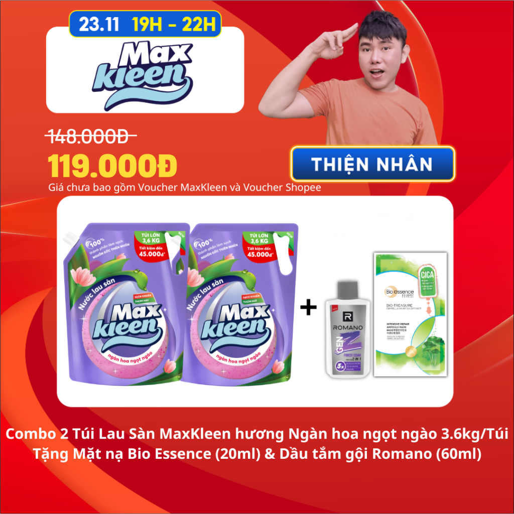 Combo 2 Túi Lau Sàn MaxKleen hương Ngàn hoa ngọt ngào 3.6kg Tặng Mặt nạ Bio Essence (20ml) & Dầu tắm gội Romano (60ml)