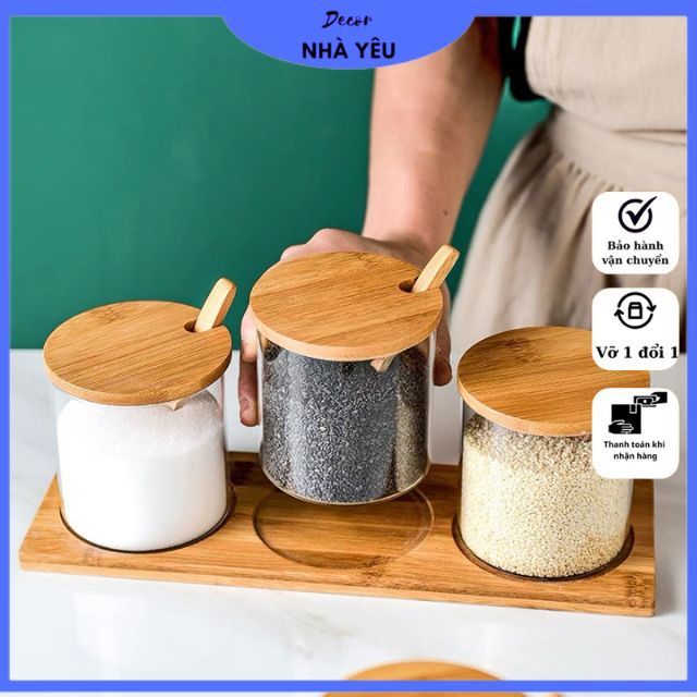 Hũ thủy tinh đựng gia vị,set 3 hũ đầy đủ thìa,nắp,khay
