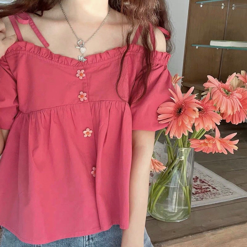 Áo Baby Doll Trễ Vai, Tay Bồng Thắt Nơ Cài Cúc Hoa Xinh Xắn