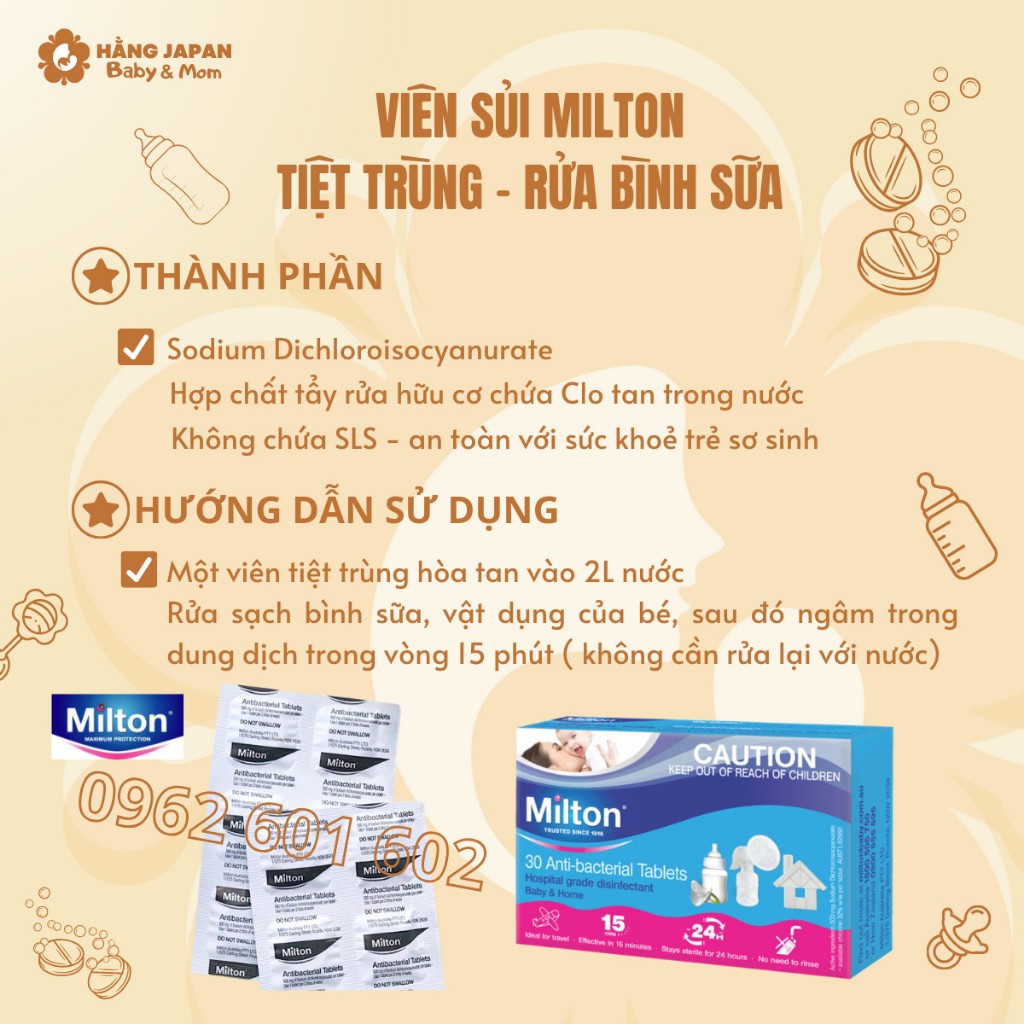 Viên sủi khử trùng bình sữa, núm ty hộp 30 viên Milton Australia