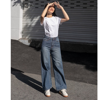 HASHTAGEM - Quần Jeans Nữ Ống Rộng Wide Leg Jeans WLJ.2, Lưng Cao, Form Suông, Màu Xanh Đậm, Wash Đùi Phong Cách
