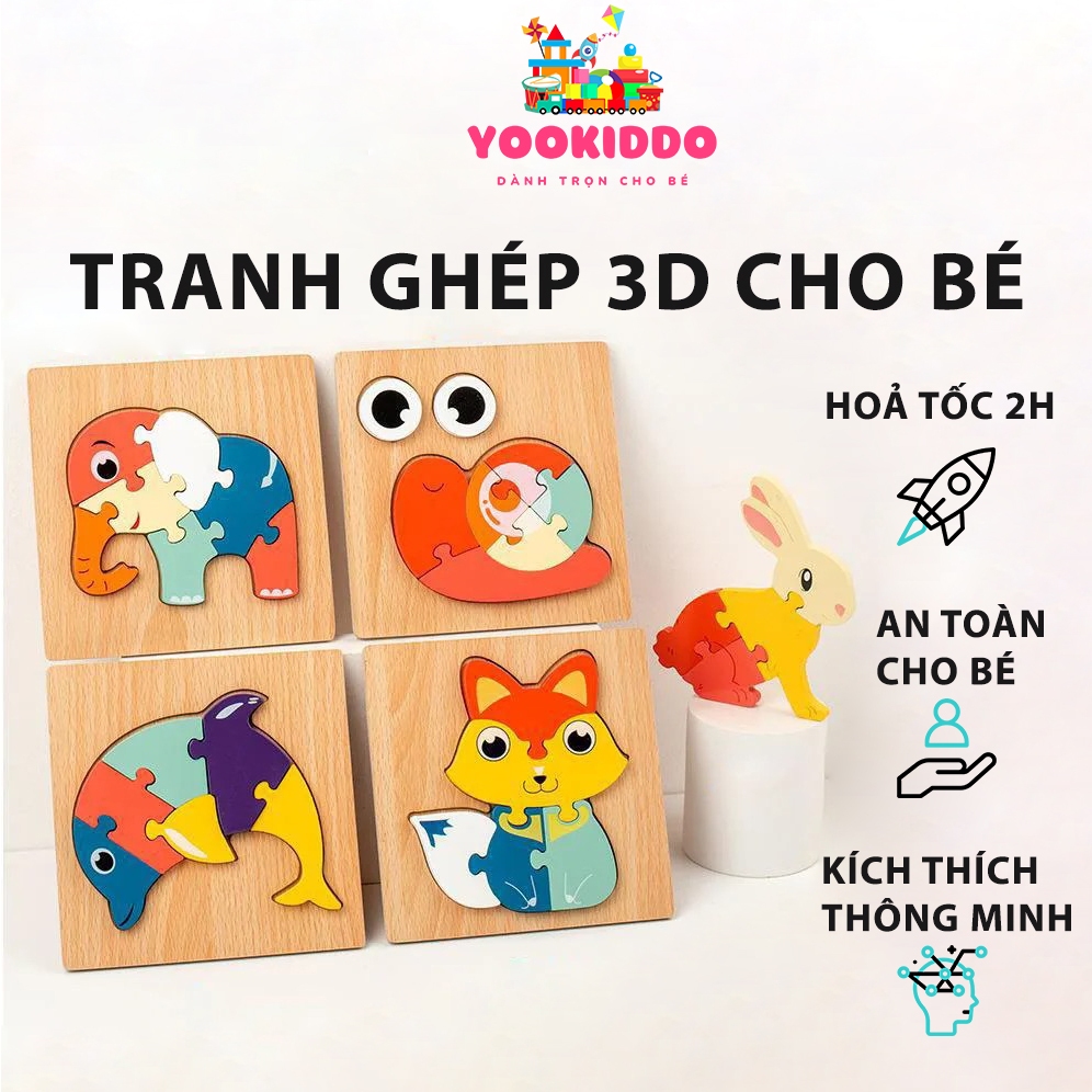 Tranh ghép xếp hình 3D bằng gỗ 15x15cm YOOKIDDO - Nhiều mẫu