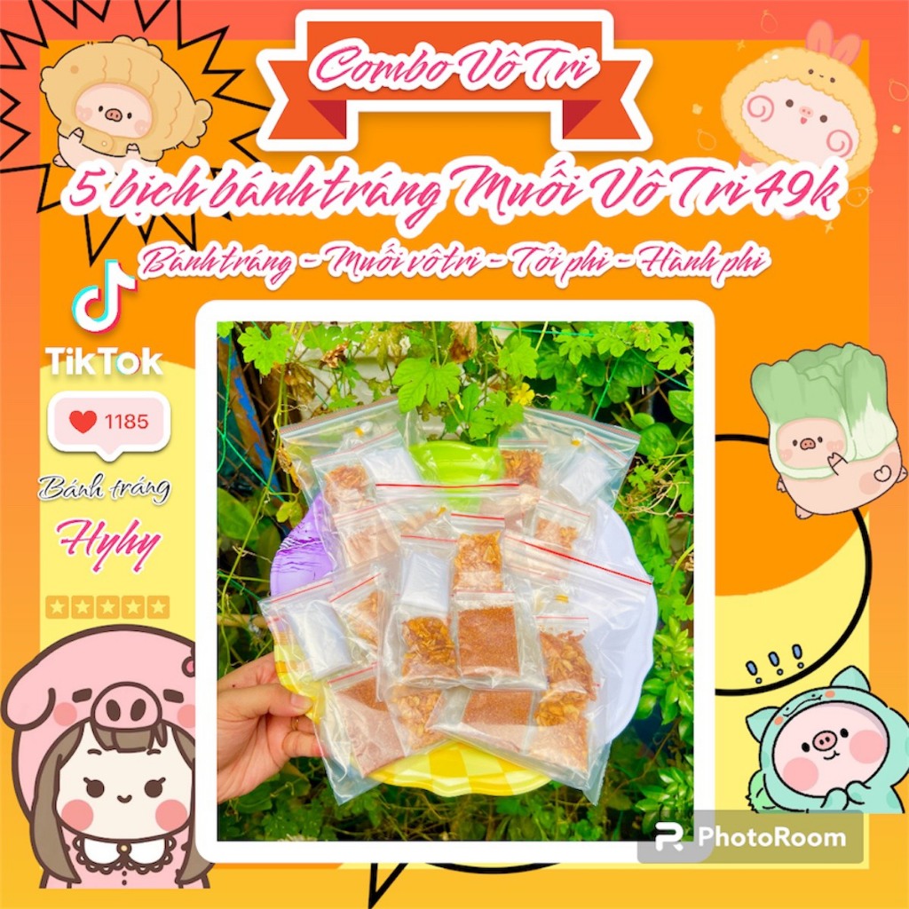 Bánh Tráng MUỐI VÔ TRI nhà HyHy 49K - 5 bịch Bánh Tráng - MUỐI VÔ TRI - Tỏi Phi - Hành Phi - Ăn Cay chọn thêm SA TẾ TÔM