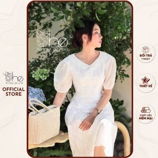Đầm voan cổ lá sen tay phối oganza đẹp She, Váy tiểu thư nhẹ nhàng dạo phố siêu xinh SDX178