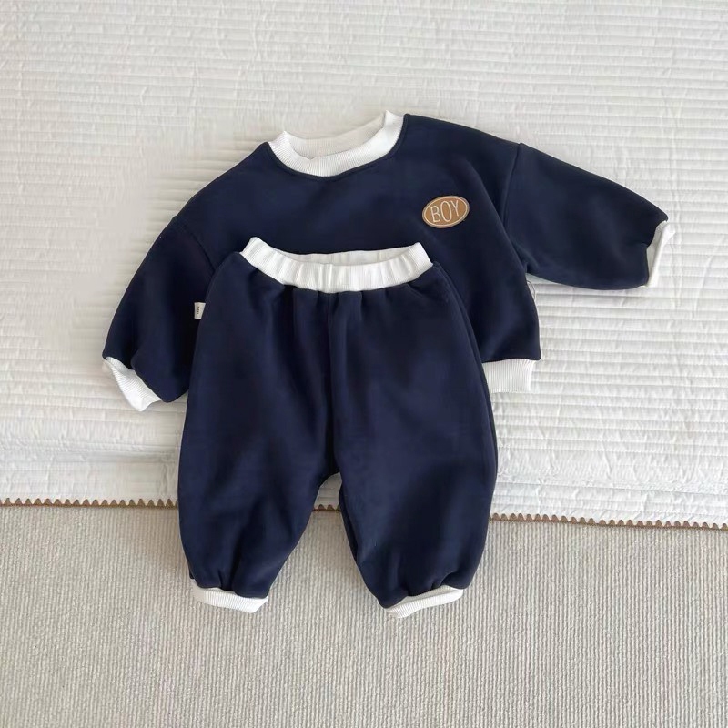 TE492 -Bộ áo+quần chất nỉ ép dày dặn cho bé trai bé gái hình chữ BOY thêu chắc chắn size 8-16kg