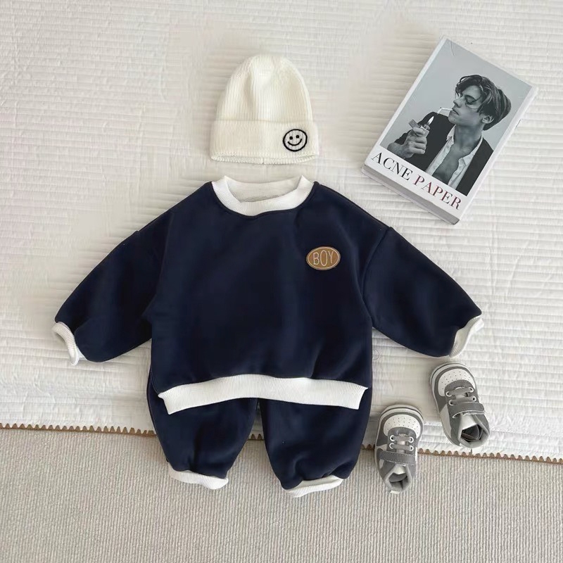 TE492 -Bộ áo+quần chất nỉ ép dày dặn cho bé trai bé gái hình chữ BOY thêu chắc chắn size 8-16kg