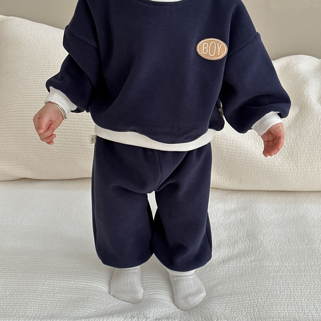 TE492 -Bộ áo+quần chất nỉ ép dày dặn cho bé trai bé gái hình chữ BOY thêu chắc chắn size 8-16kg