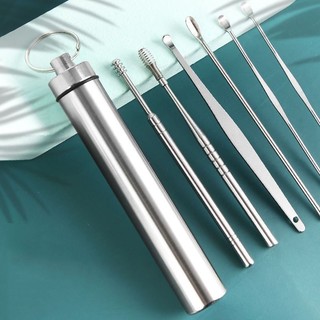 Bộ dụng cụ ngoáy tai Inox 6 món, Bộ lấy ráy tai thép không rỉ 6 món, Bộ mát xa tai,  Làm sạch tai