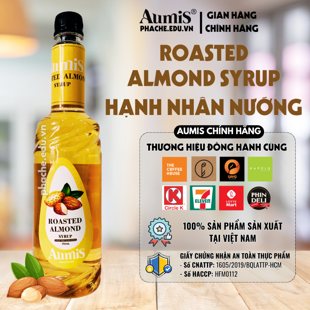 Syrup Siro Hạnh Nhân Nướng Aumis Làm Trà Trái Cây, Trà Sữa, Phindi Chai 750ml