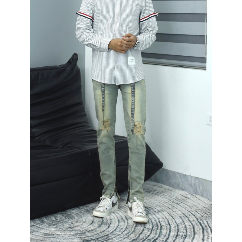 Quần jean nam streetwear cao cấp BEAR STREETWEAR,màu xanh vàng vintage wash,form slimfit,vải denim co giãn