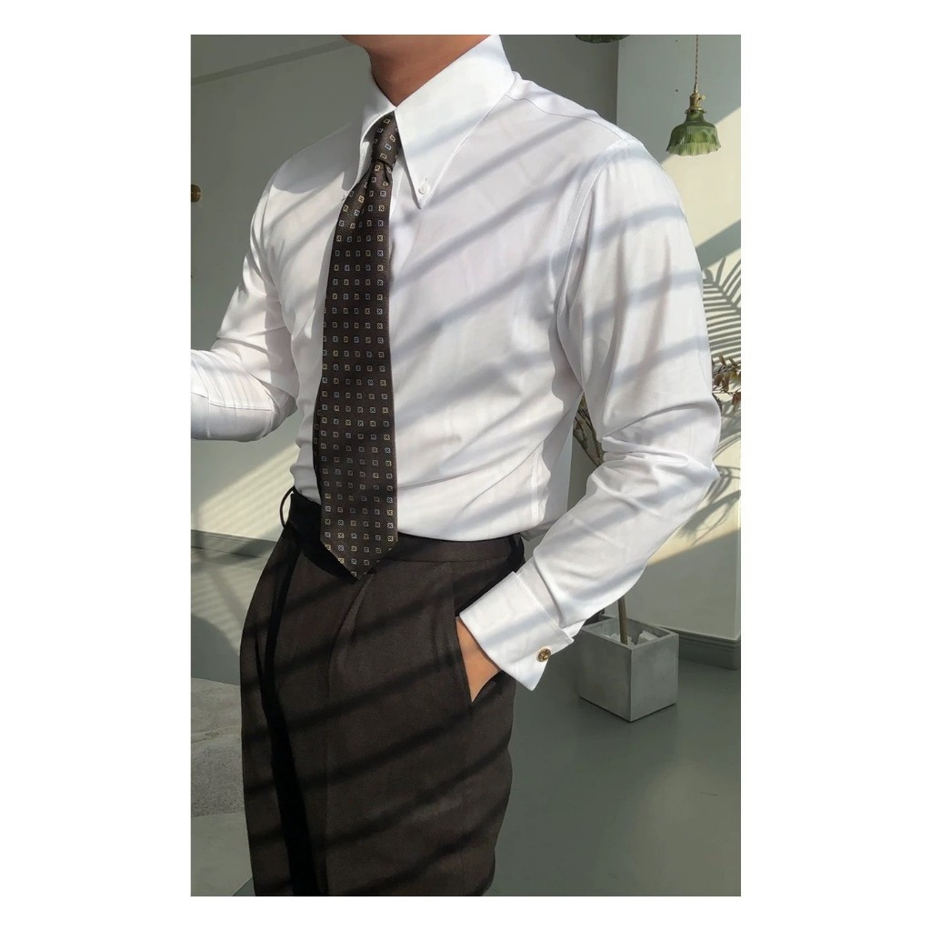 Áo Sơ Mi Nam Trắng Dài Tay Cao Cấp Harold Cổ Spearpoint + Cufflinks Công Sở, Đi Tiệc, Chống Nhăn, Slimfit, Mát Mẻ