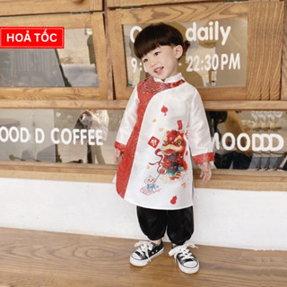 Áo dài cách tân họa tiết Lân cưỡi mây chất nhung tăm hàn cao cấp cho bé trai từ 9- 40kg, áo dài tết xẻ tà cho bé