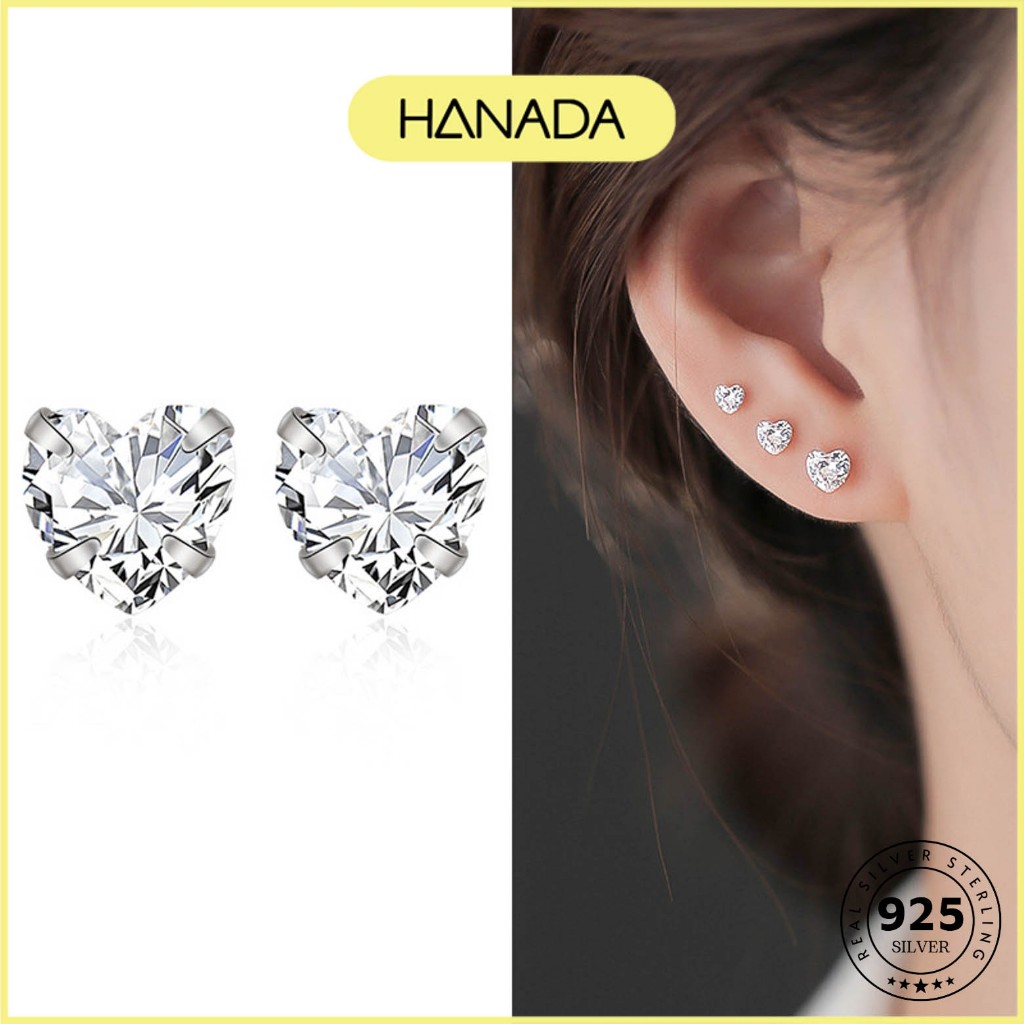 Bông Tai Bạc 925 HANADA Trái Tim Một Viên Đá Khuyên Tai Nụ Đá Đơn Giản 1179 D10
