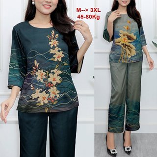 Shoppro - đồ bộ trung niên tay lỡ dành tặng mẹ u50 u60 kiểu set bộ in hoa sen lớn vải lụa mềm mịn có size lớn 3392