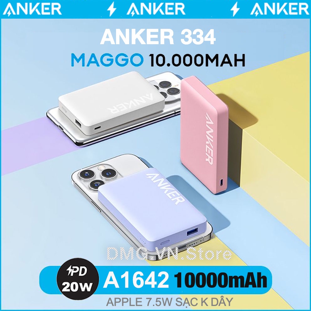 Sạc Dự Phòng Không Dây Từ Tính Anker A1652 A1642 PD 20W 10000mAh,Cho 12/13/14/15 Series,Sạc K Dây 5W/7.5W,Sạc Có Dây 20W