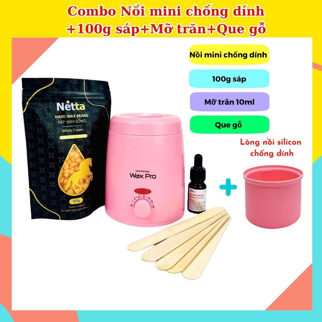 Combo Nồi chống dính mini +100g sáp wax lông+Mỡ trăn 10ml +5 Que gỗ - Sáp wax thơm, wax sạch lông, an toàn cho da