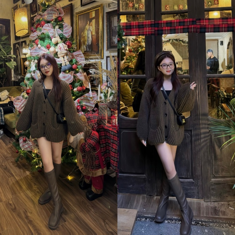 Áo Khoác Cadigan Len Nâu Siêu Hot