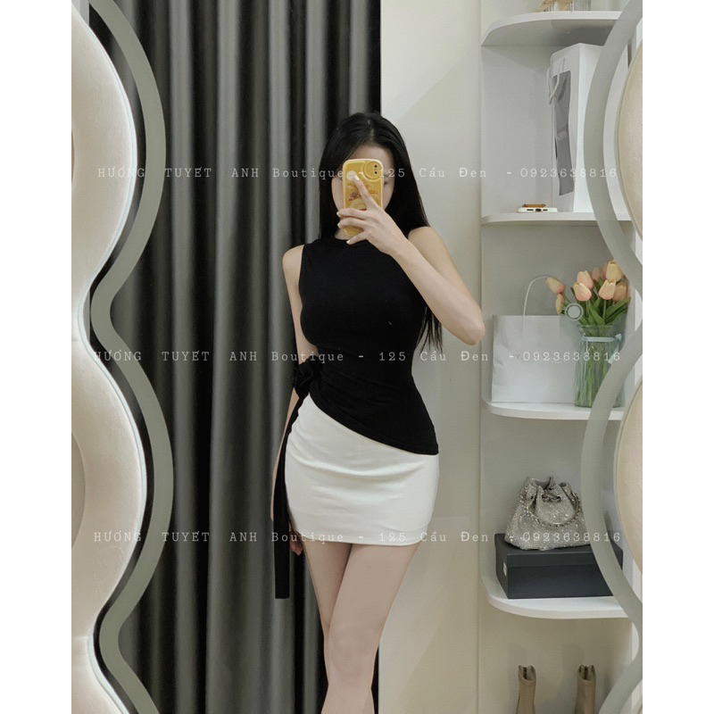 Áo sát nách vạt chéo nhún eo hoa hồng tà 1 bên