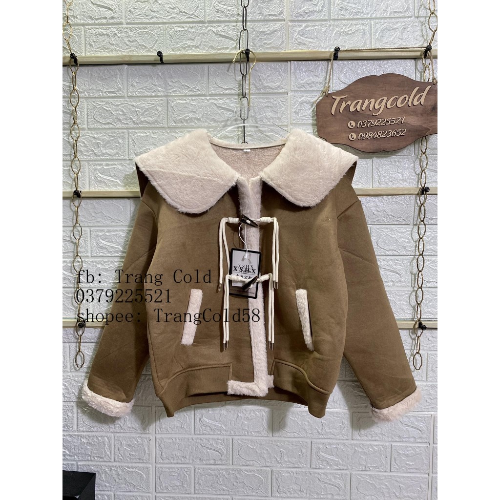 Áo khoác da lộn cổ sen lót lông hàng QC đẹp