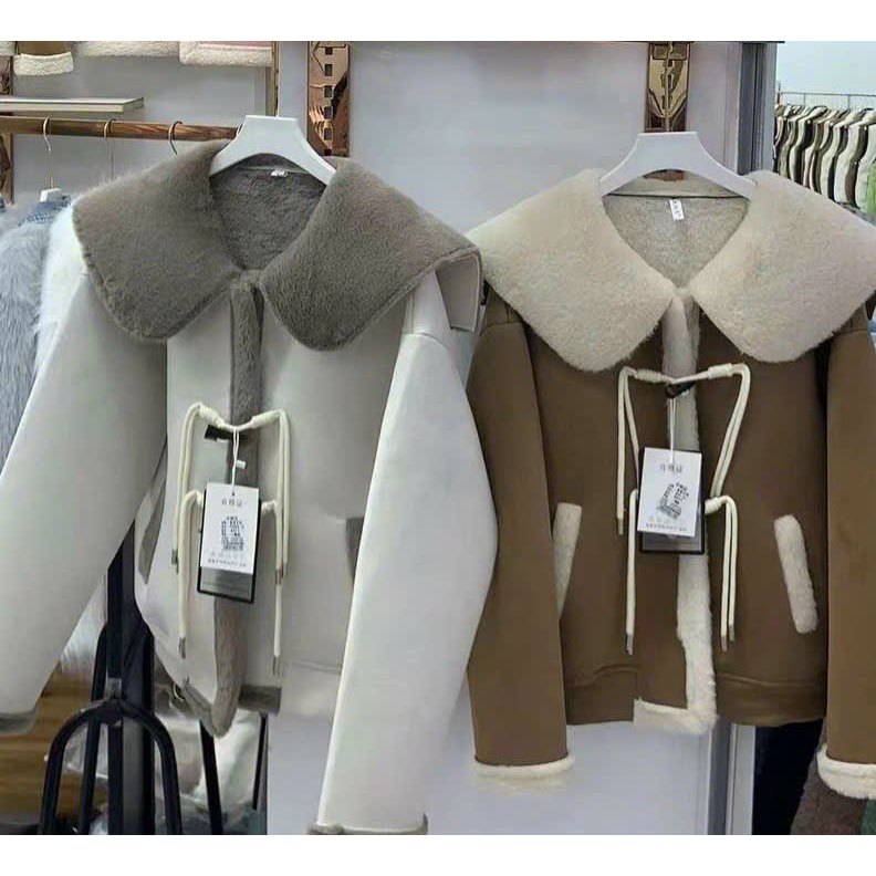 Áo khoác da lộn cổ sen lót lông hàng QC đẹp