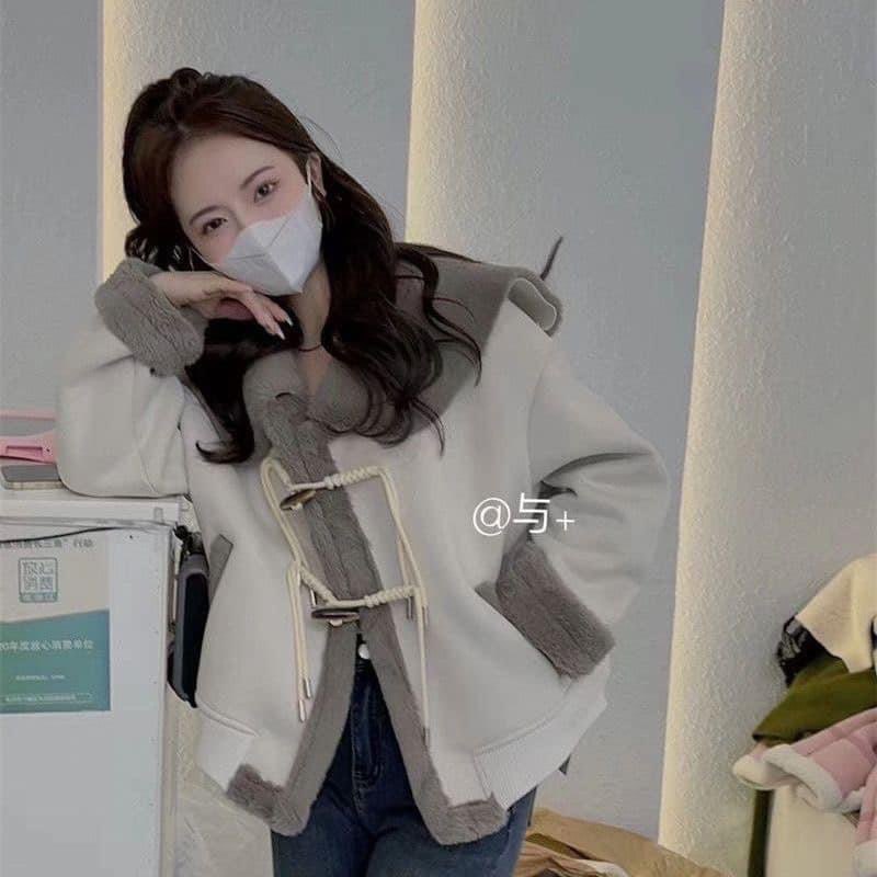 Áo khoác da lộn cổ sen lót lông hàng QC đẹp