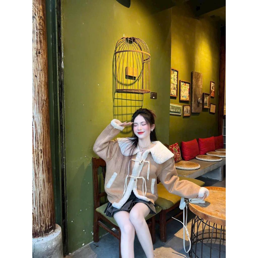 Áo khoác da lộn cổ sen lót lông hàng QC đẹp