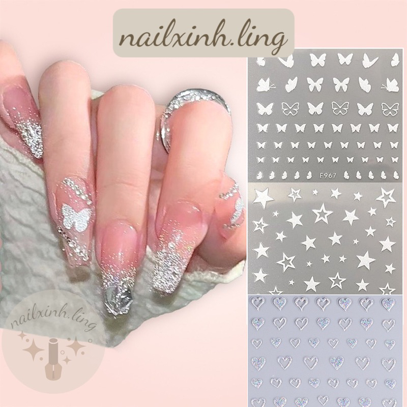 Miếng Dán Trang Trí Móng Tay 3D Kim Tuyến Flash Trái Tim , Hình Dán Móng Tay Gấu , Sticker Nail Ngôi Sao , Nơ
