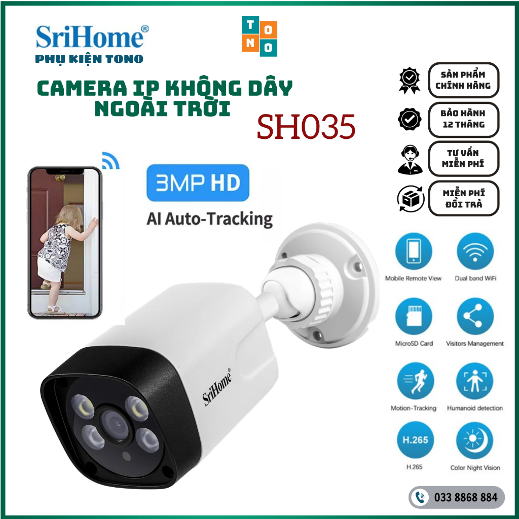 Camera IP không dây ngoài trời SriHome SH035 siêu nét độ phân giải FullHD+ (3.0MP) tích hợp LED màu ban đêm, chống nước