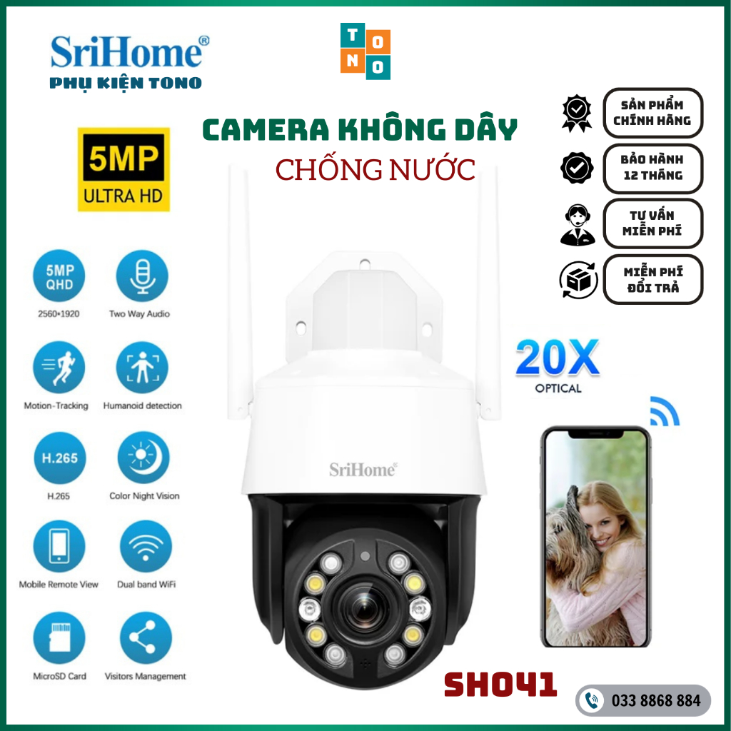 Camera IP Không dây chống nước chống bụi Srihome SH041 5.0MP Zoom quang 20X (Ban đêm có màu)